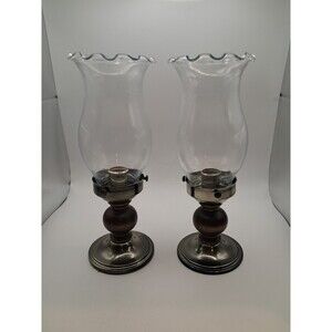 Pair Of Vtg Farmhouse Cottage Wood Brass Glass Hurricane Candle Taper Holders